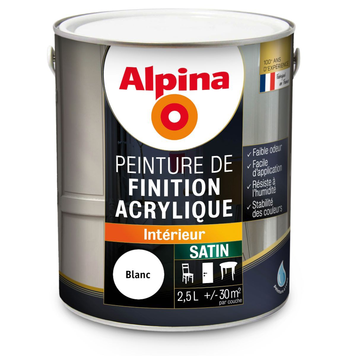 ALPINA - Alpina Peinture Bois Microporeuse - Intérieur & Extérieur - Satin  - 0,5L, 2,5L - Azur 2, Blanc, Blanc cassé, Brun normand, Chlorophylle - La peinture  bois Alpina est une peinture