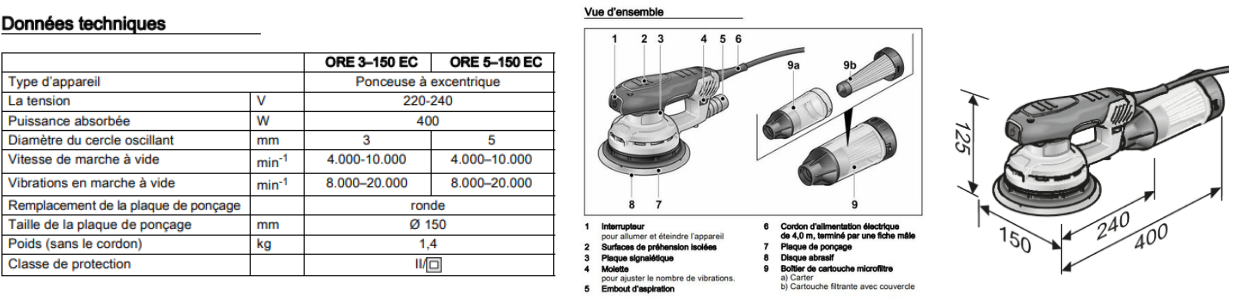 Caractéristiques ponceuse ORE 5-150 EC Set
